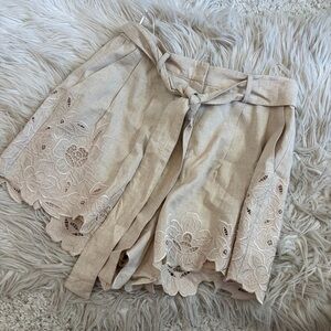 Christy Lynn Cream Linen Embroidered Waist Tie Paper Bag Waist Shorts